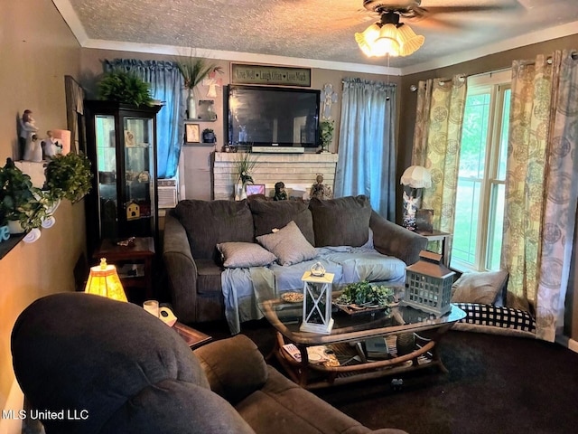 501 Liberty Church Rd, Nettleton, MS 38858 - carpeted living room with a ceiling fan and a textured ceiling