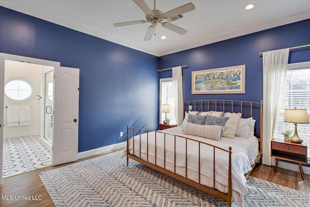 bedroom featuring ceiling fan, wood-type flooring, and crown molding