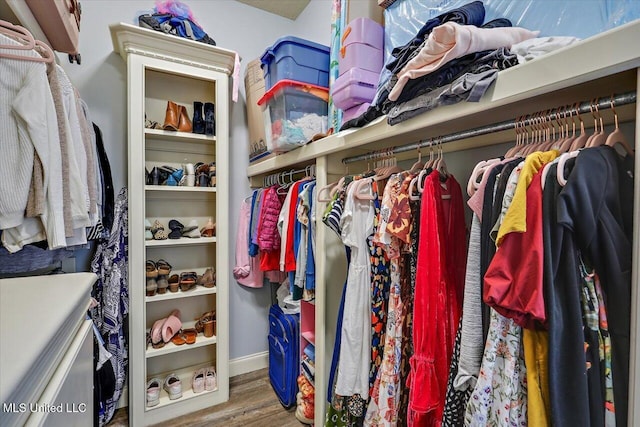 spacious closet with dark hardwood / wood-style flooring