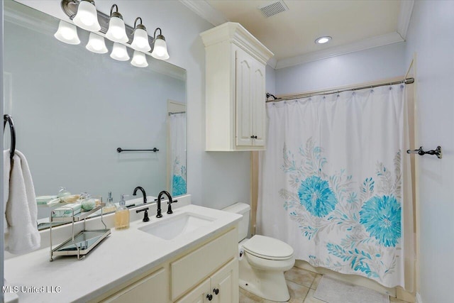 bathroom with tile patterned floors, vanity, toilet, walk in shower, and ornamental molding