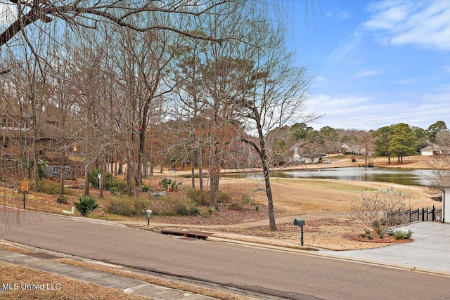 view of street with a water view