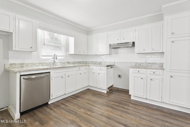 kitchen with dishwasher, ornamental molding, white cabinets, and dark wood-type flooring