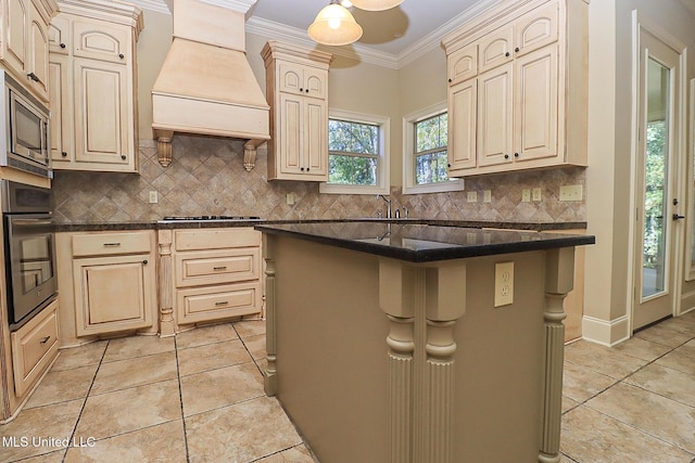 kitchen with premium range hood, backsplash, light tile patterned flooring, a center island, and stainless steel appliances