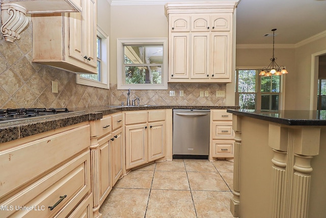 kitchen with sink, stainless steel dishwasher, tasteful backsplash, and light tile patterned floors