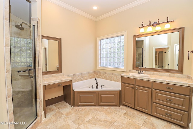 bathroom with vanity, shower with separate bathtub, and crown molding