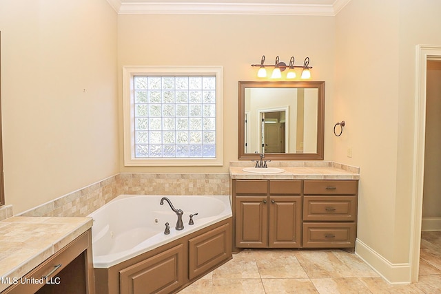 bathroom with vanity, a tub, ornamental molding, and tile patterned floors