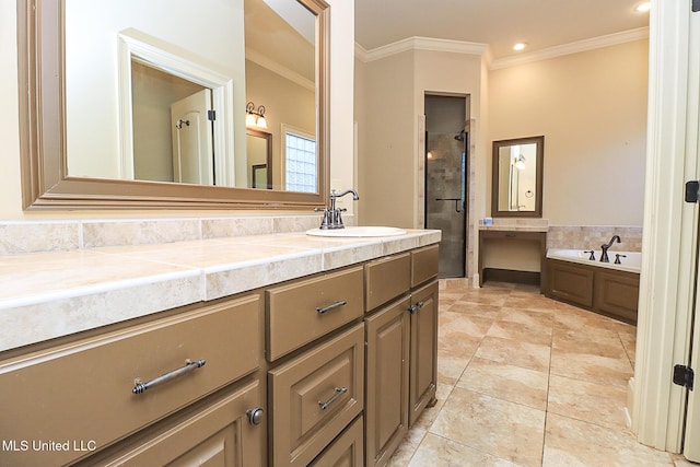 bathroom with tile patterned floors, vanity, crown molding, and plus walk in shower