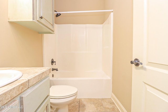 full bathroom featuring bathing tub / shower combination, toilet, and vanity