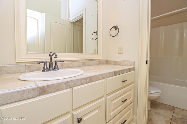 bathroom with toilet, tile patterned floors, and vanity