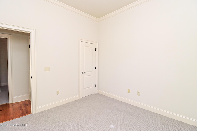 empty room featuring crown molding and carpet flooring