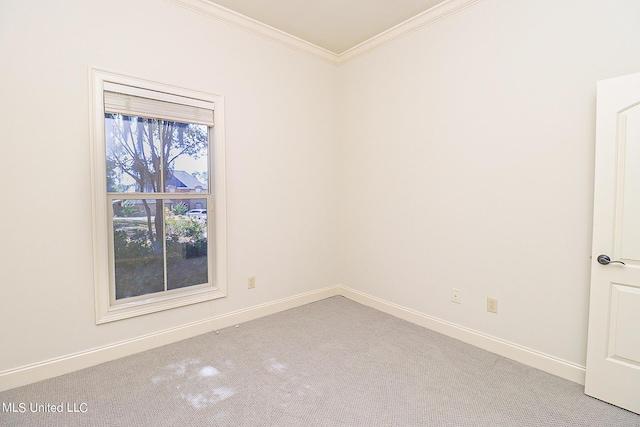 empty room with light colored carpet and crown molding