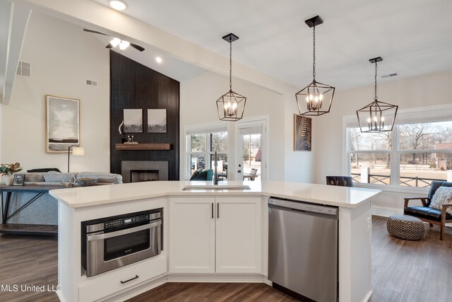 kitchen featuring white cabinetry, dark hardwood / wood-style floors, stainless steel appliances, and a large fireplace