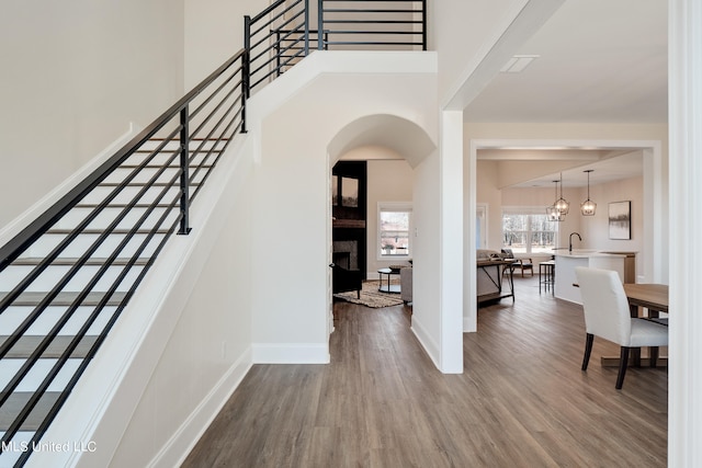 entryway with an inviting chandelier and hardwood / wood-style flooring