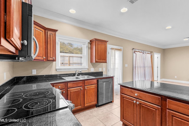 kitchen featuring light tile patterned floors, dishwasher, sink, and ornamental molding