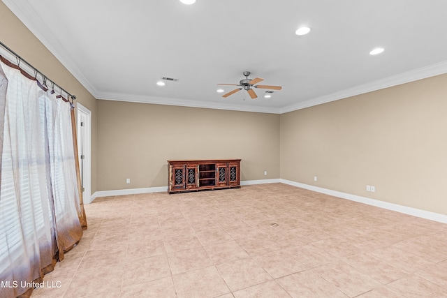 empty room featuring ceiling fan, crown molding, and light tile patterned flooring