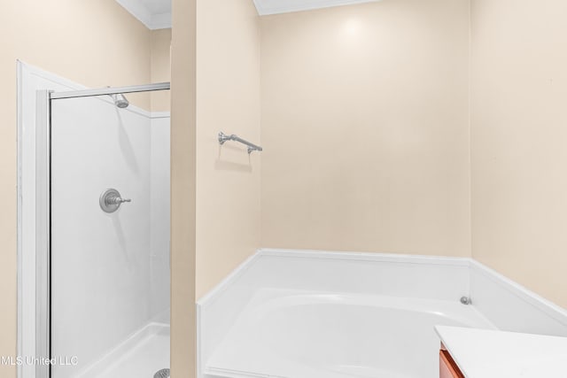 bathroom featuring vanity, crown molding, and separate shower and tub