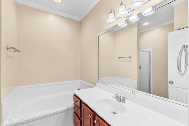 bathroom with ornamental molding, separate shower and tub, and vanity