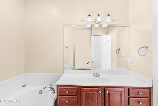 bathroom with a washtub and vanity