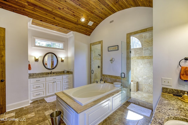full bathroom featuring a shower stall, lofted ceiling, visible vents, vanity, and wood ceiling