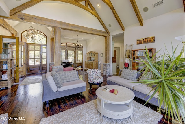 living area featuring beam ceiling, visible vents, a notable chandelier, high vaulted ceiling, and wood-type flooring
