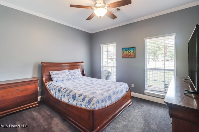 carpeted bedroom with crown molding and ceiling fan