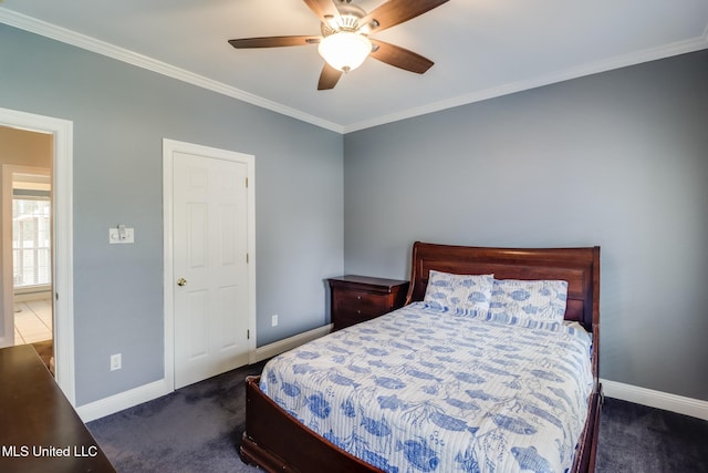 bedroom with crown molding, ceiling fan, and dark colored carpet