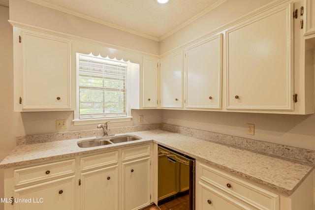 kitchen featuring white cabinets, light stone countertops, a sink, dishwasher, and ornamental molding