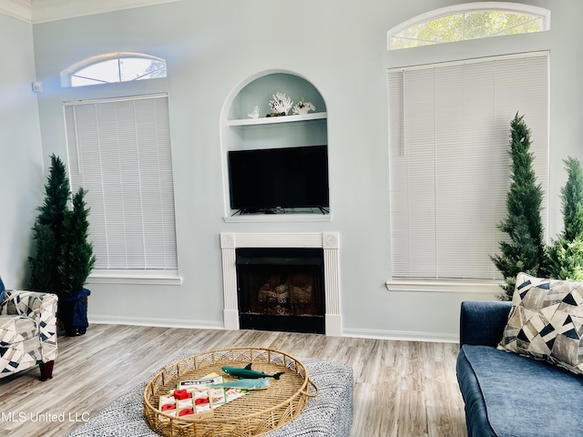 2252 Beach Dr Unit 305, Gulfport, MS 39507 - living area with built in shelves, wood finished floors, a fireplace, baseboards, and crown molding