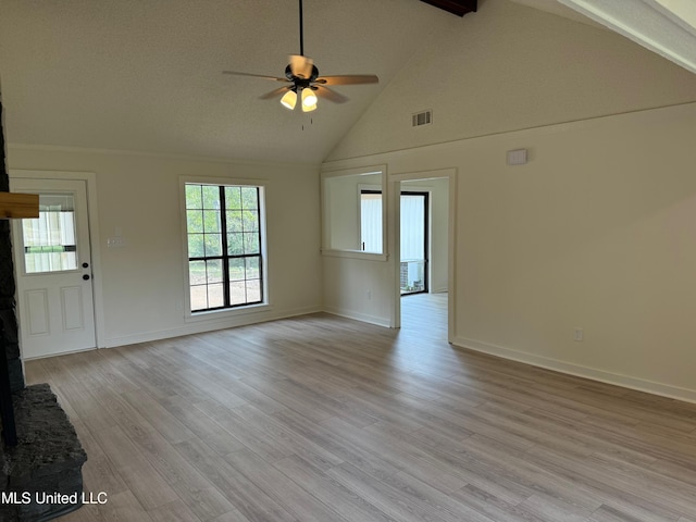 unfurnished living room with beamed ceiling, light hardwood / wood-style flooring, high vaulted ceiling, and ceiling fan