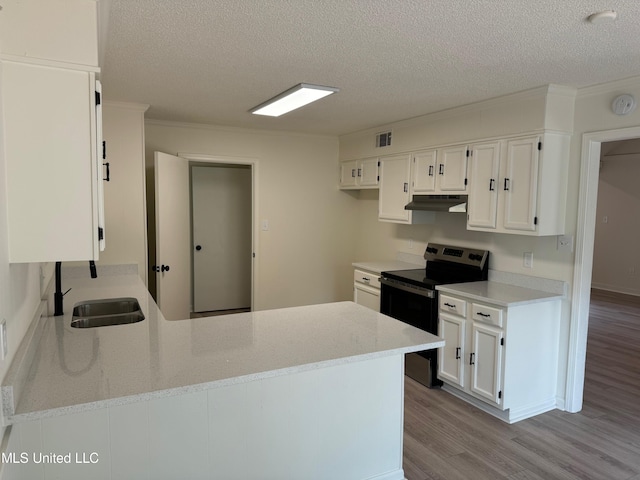 kitchen with black range with electric cooktop, sink, light wood-type flooring, a textured ceiling, and white cabinetry