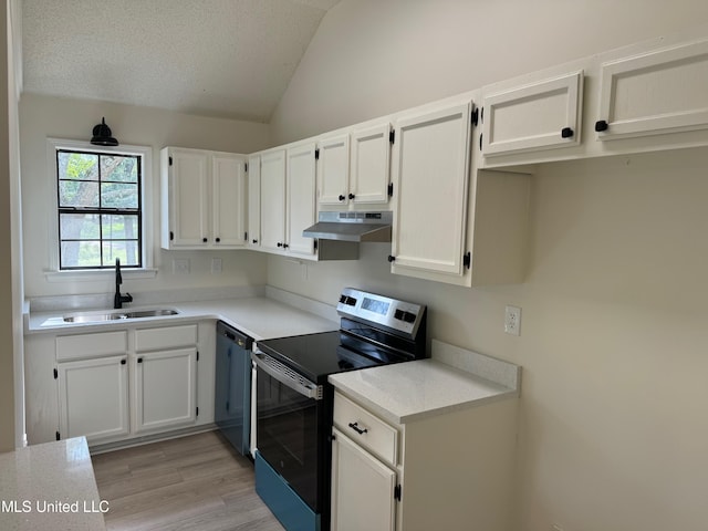 kitchen featuring dishwasher, sink, stainless steel electric range, white cabinets, and light hardwood / wood-style floors