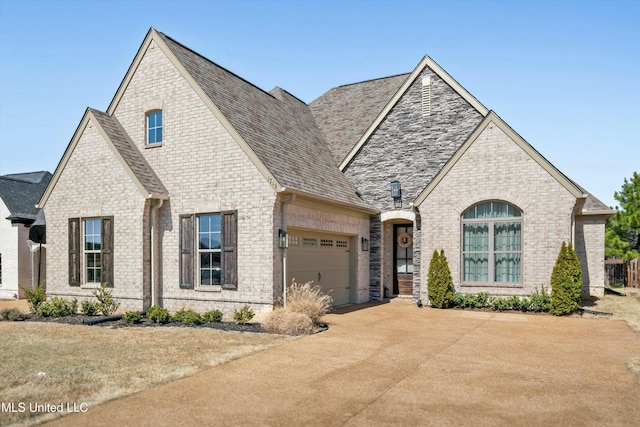 french provincial home featuring brick siding, an attached garage, driveway, and roof with shingles