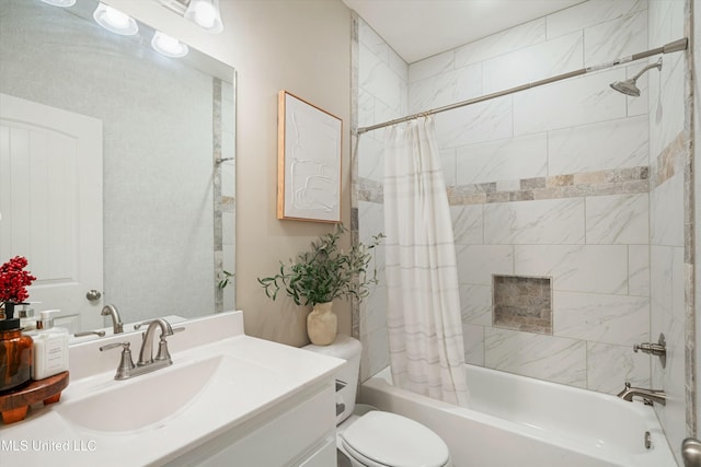 bathroom featuring shower / bath combo with shower curtain, toilet, and vanity