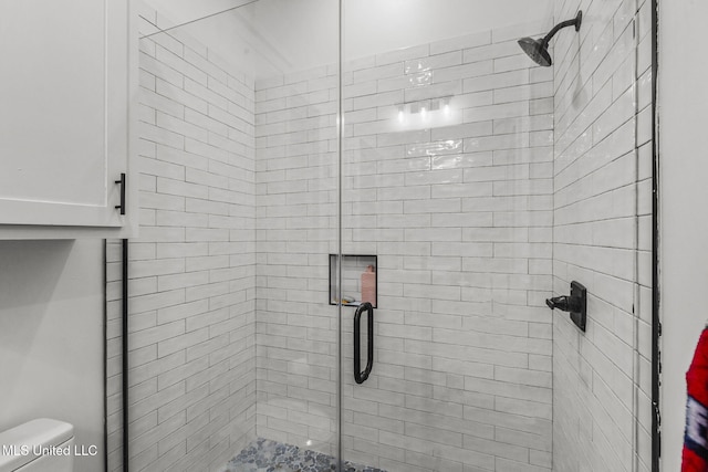 bathroom featuring a stall shower and toilet