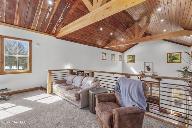 living room featuring carpet floors, wooden ceiling, and a wealth of natural light