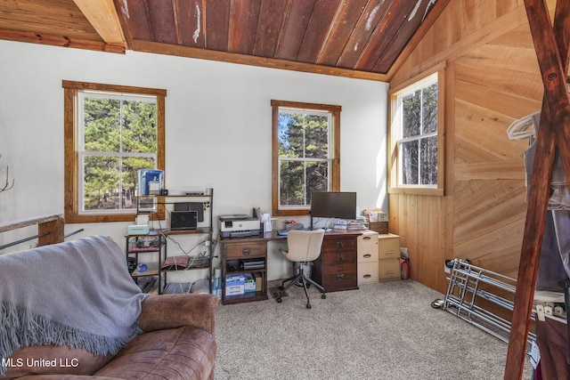 office featuring wooden walls, carpet, wooden ceiling, and lofted ceiling