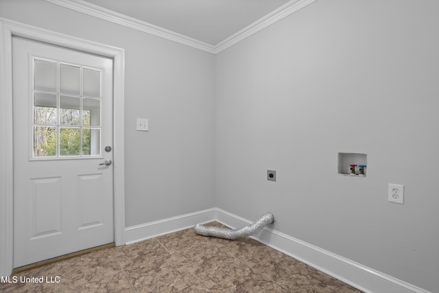 washroom featuring laundry area, baseboards, crown molding, washer hookup, and electric dryer hookup