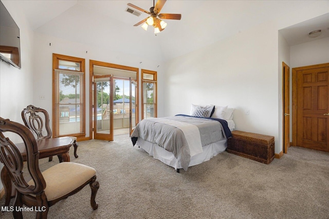 4872 Bobo Pl, Olive Branch, MS 38654 - bedroom featuring light carpet, access to exterior, vaulted ceiling, and a ceiling fan