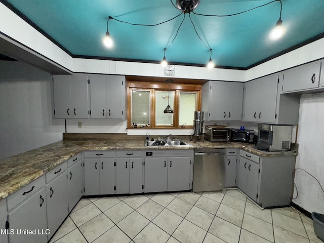 305 N Heard St, Senatobia, MS 38668 - kitchen featuring dishwasher, light tile patterned flooring, and gray cabinetry
