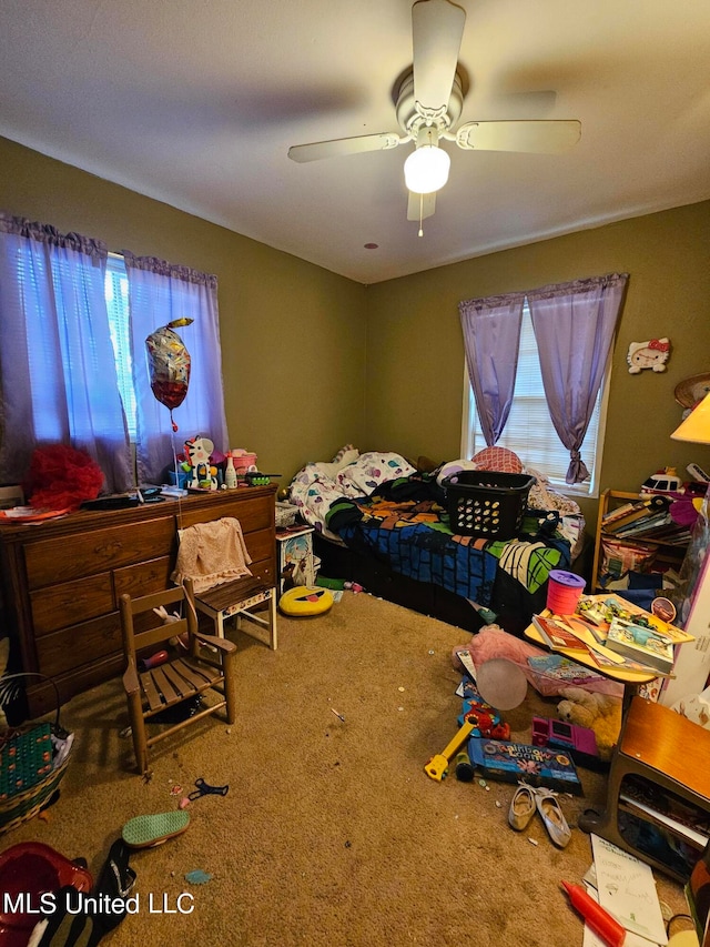 bedroom featuring carpet floors and ceiling fan