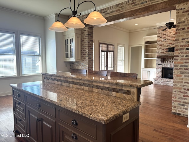kitchen featuring dark brown cabinets, plenty of natural light, dark wood-type flooring, and crown molding