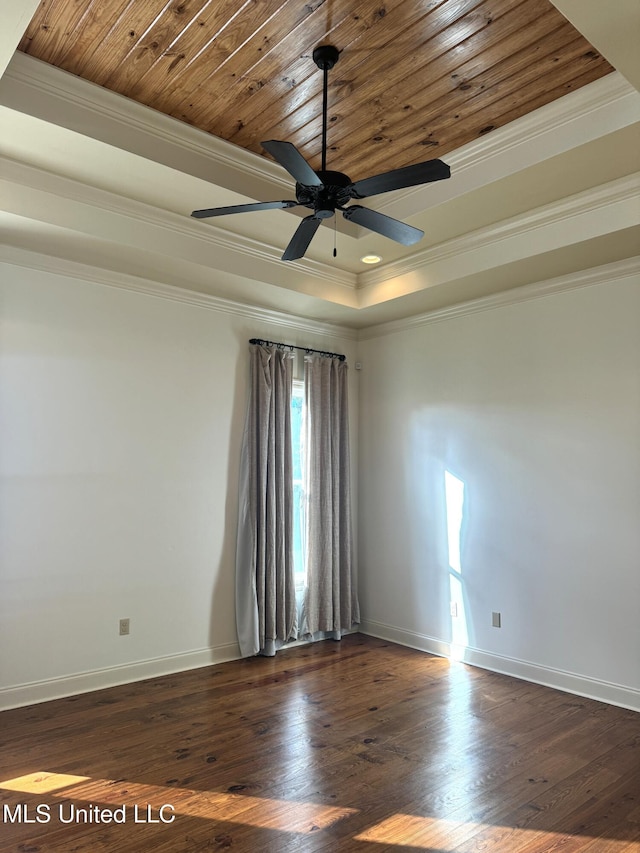 unfurnished room featuring dark wood-type flooring, wood ceiling, and ornamental molding