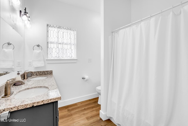bathroom with toilet, baseboards, wood finished floors, and double vanity