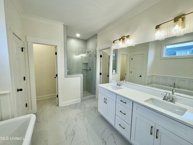 bathroom with plus walk in shower, vanity, and ornamental molding