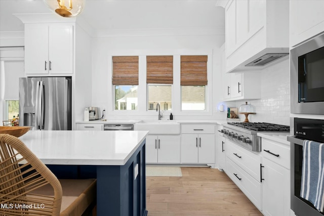 kitchen featuring sink, tasteful backsplash, appliances with stainless steel finishes, white cabinets, and custom exhaust hood