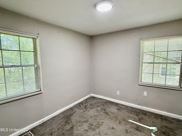 empty room featuring carpet flooring, baseboards, and a healthy amount of sunlight