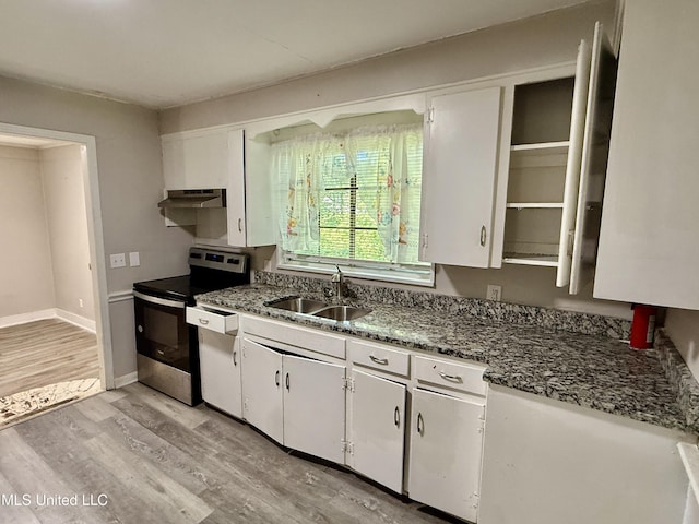 kitchen with a sink, under cabinet range hood, white cabinetry, electric range, and light wood-style floors
