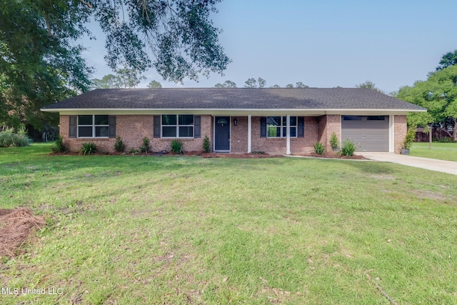 392 Lawler Ave, Long Beach, MS 39560 - ranch-style house featuring concrete driveway, an attached garage, brick siding, a front lawn, and a shingled roof