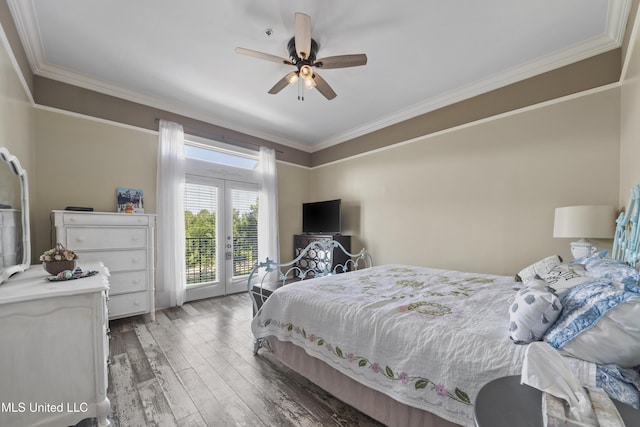 21 Oak Alley Ln, Long Beach, MS 39560 - bedroom with french doors, access to outside, hardwood / wood-style flooring, crown molding, and ceiling fan
