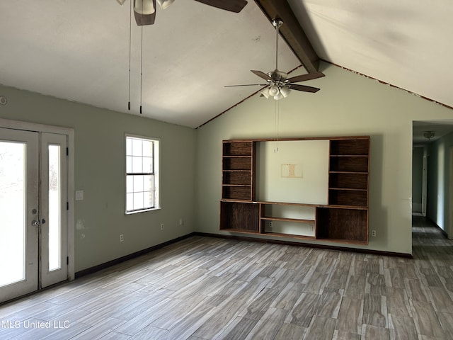 5909 Waltman Rd, Vancleave, MS 39565 - unfurnished living room with ceiling fan, wood-type flooring, and lofted ceiling with beams